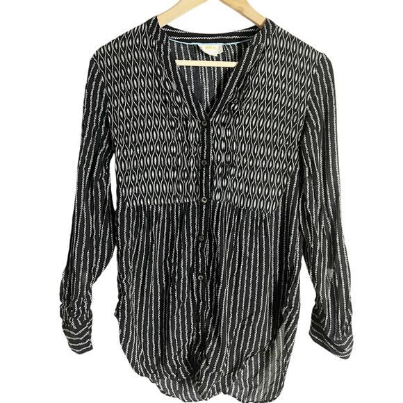 Anthropologie Maeve Calia Black White Printed Button Front Tunic Top Size 2 - Picture 1 of 10